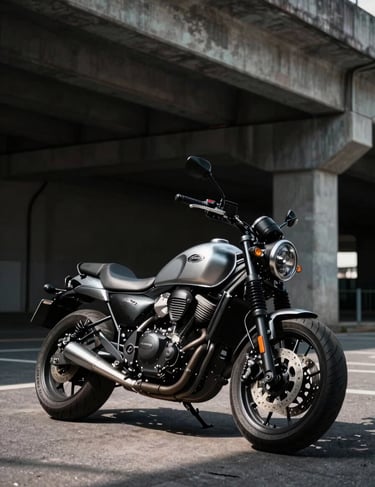 An edgy urban shot of a motorcycle parked under a concrete overpass. The scene features high-contrast jet black shadows and sharp silver grey highlights on the metal parts. Global / Western industrial setting.
