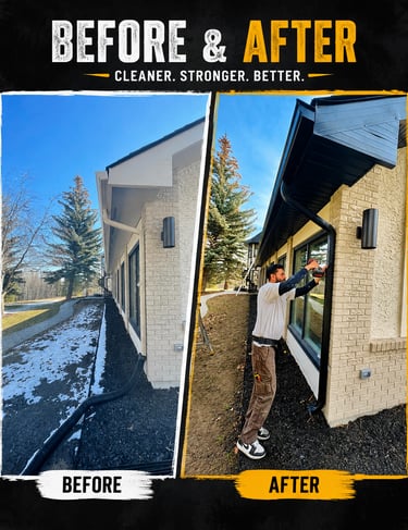 Big before-after: "Before and after full exterior makeover Calgary soffit fascia black gutters"