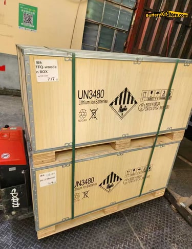 wooden packages of prismatic LiFePO4 battery cells