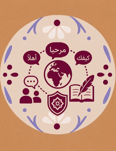 Arabic language learning illustration with globe, quill, and greetings in speech bubbles.