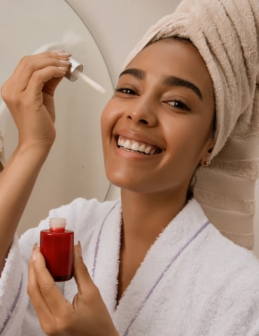 Woman in bathroom appyling azeliac acid serum to her face.