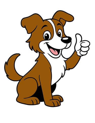 Scout the mascot, a brown and white dog giving a thumbs up and a smile