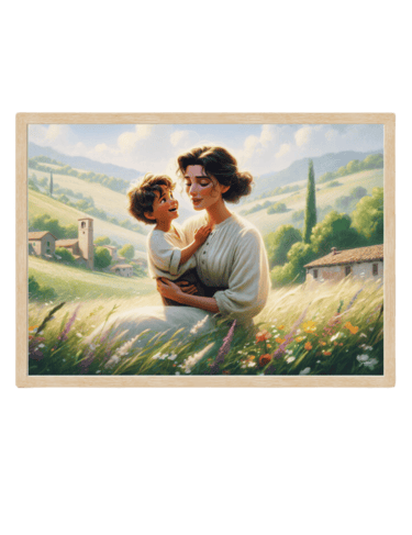 a woman holding a child in a field Italian Poster