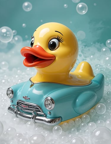a rubber duck in 1950's car in a bathtub with bubbles