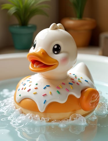 a rubber duck toy looking like a donut in a bathtub