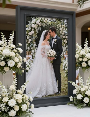 A grand entrance of a South American / Colombian event salon featuring a large decorative wedding photo, soft white floral arrangements, elegant charcoal black frames.