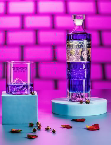 Mystic Rose, Mountain gin, Rose petals, Indigo gin. 