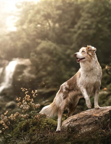 Hund steht auf Felsen bei natürlicher Hundefotografie in Niederösterreich im Wald