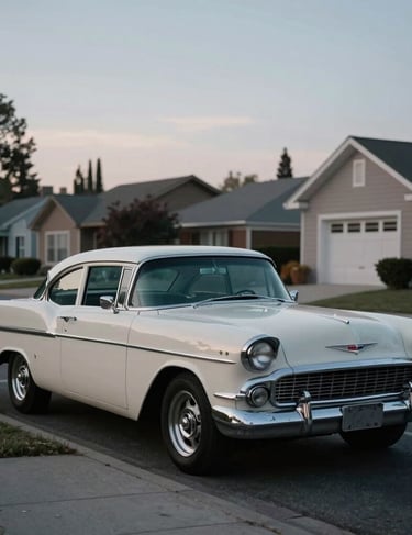 An aesthetic shot of a vintage North American car parked on a quiet suburban street at dusk. The palette is muted with soft blue-grey and off-white highlights. Calm and immersive atmosphere.