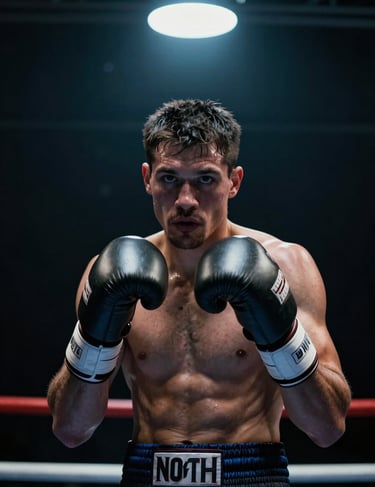 Cinematic portrait of a North American boxer in a dark ring, highlighted by a single overhead pale azure spotlight. The style is gritty, futuristic, and sharp.