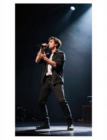 Julian Vance performing on a theater stage, #F5F5F5 stage light hitting a #333333 background, dramatic and artistic action shot, professional photography.