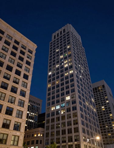 A low-angle photograph of striking North American / US urban architecture under a deep navy sky at dusk.
