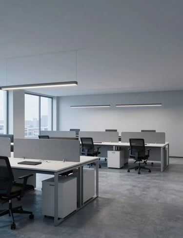 A spacious 3D visualization of a modern open-plan office. Minimalist workstations, soft blue-grey lighting, Northern European architecture, clean and professional atmosphere.