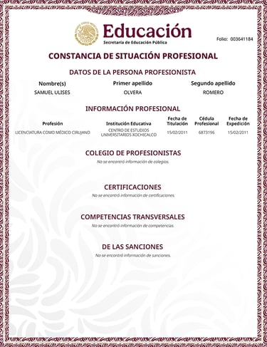 Dr. Samuel Ulises Olvera diploma of medical surgeon