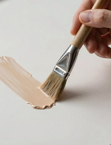 Close-up of a hand using a fine brush to apply a delicate stroke of beige paint onto a minimalist composition, focused on precision and contemporary artistic process.