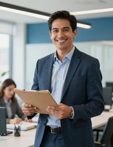 A professional consultant in a modern office in Bogota, South American / Colombian context, holding a folder, smiling confidently, bright and airy lighting, blue accents in decor.