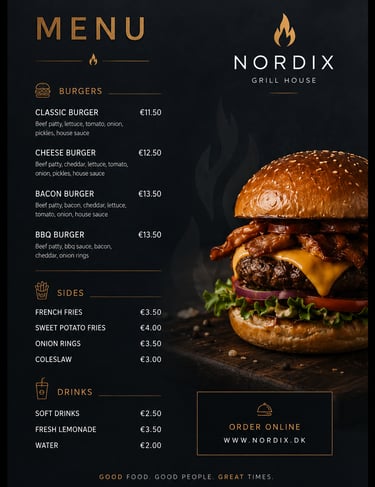 Modern black and gold burger restaurant menu design for Nordix Grill House featuring gourmet burgers, pricing, drinks 