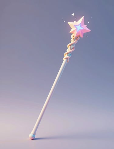 3D render of a magic wand tool in a digital environment, sparkling with pastel particles, soft and sensitive lighting.