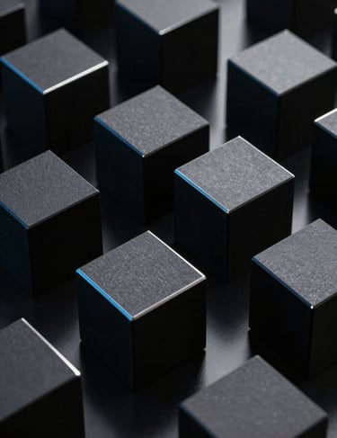 Abstract arrangement of black geometric blocks on a black reflective surface. The only light comes from above, defining the edges in silver-blue.