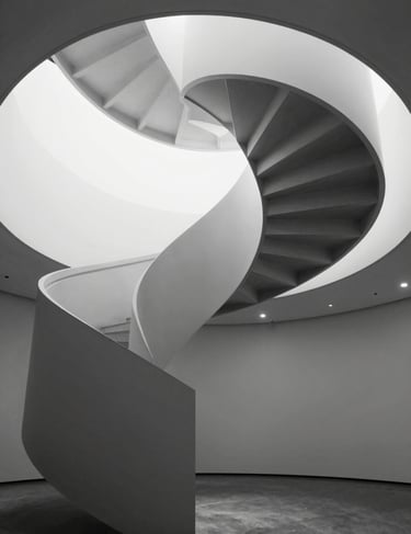 A minimalist black and white photograph of a spiral staircase in a contemporary art museum, emphasizing geometry and light.