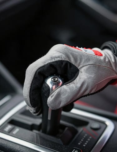 Detail of a driver's gloved hand on a gear shifter, focus on texture and precision, sleek grey and red color palette, North American / US racing series.