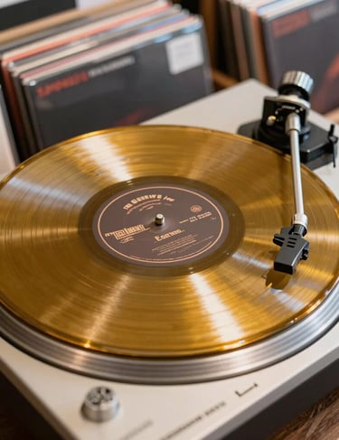 A limited edition gold vinyl record spinning on a modern turntable, bright bold lighting, North American / US record store vibe.