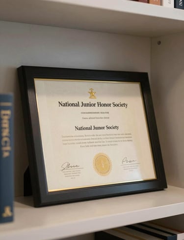 A prestigious National Junior Honor Society certificate framed and sitting on a light-colored shelf in a modern North American home.