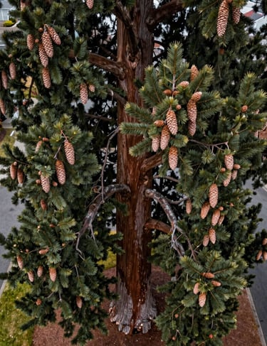 Detailed drone view of sequoia cones and branches against a backdrop of a residential driveway in Eugene, Oregon. The composition emphasizes the scale of the tree relative to the urban environment.