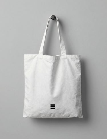 A minimalist white tote bag with a small black studio logo centered, hanging on a light grey wall, soft natural light, #ECF0F1 and #0A1118.