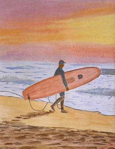 Original painting depicting a lone surfer walking along the shoreline at sunrise.
