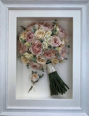 a side view preserved wedding bouquet in a frame