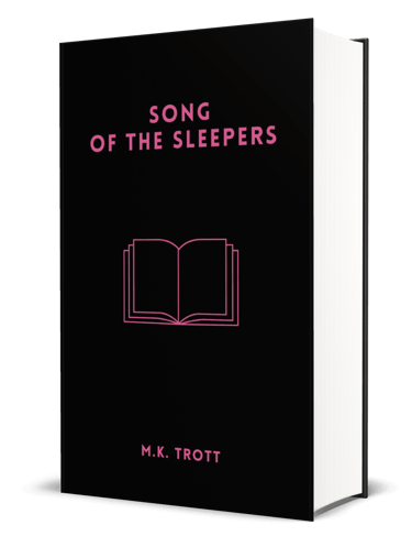 A black book cover featuring a bright pink line drawing of an open book