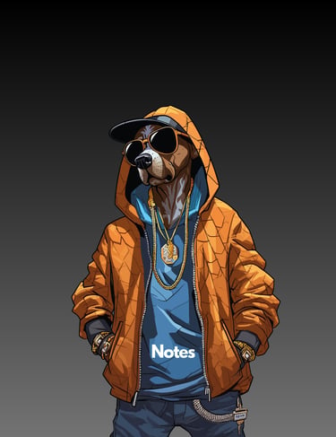 Rap dog orange jacket black background