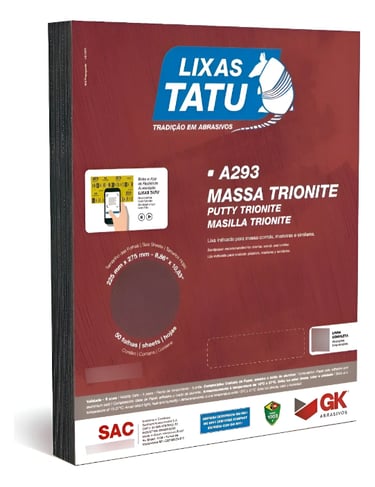 Stack of Lixas Tatu A293 Massa Trionite sandpaper sheets for wood and plaster sanding.