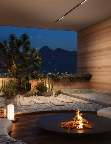 Luxury desert courtyard with circular fire pit and integrated seating