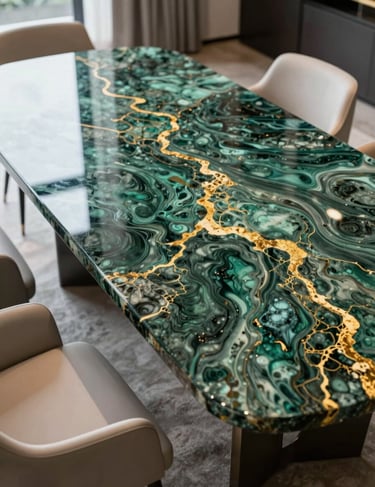 A luxurious dining room in an International / Global penthouse featuring a statement resin dining table with Deep Green and gold marbling.