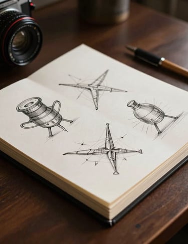 An open portfolio case showing sketches on thick off-white paper, resting on a deep brown desk, natural afternoon light.