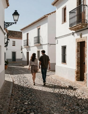 Authentic shot of a couple walking through a narrow cobblestone street of a white Iberian village, high contrast between light and shadows.