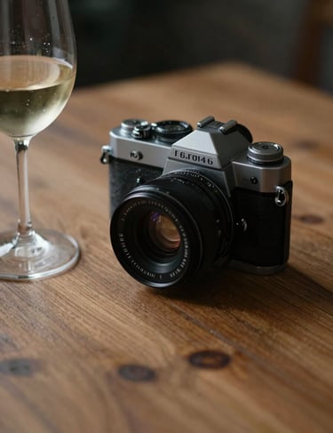 A detailed shot of a vintage camera resting on a wooden table next to a glass of wine. The lighting is low and moody, focusing on the textures and the #6F604F wood tones.