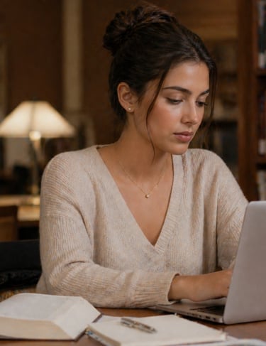 Woman in workspace wearing minimal jewelry including studs and thin necklace for daily styling