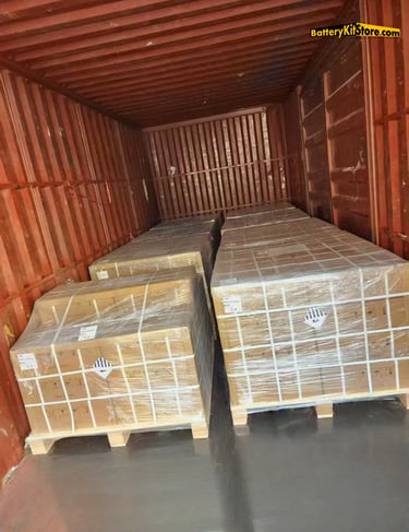 pallets of prismatic LiFePO4 battery cells in a 40GP container
