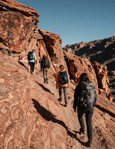 Group of friends on a North American / US mountain trail, cinematic landscape, sun-drenched terracotta rocks and charcoal gear.