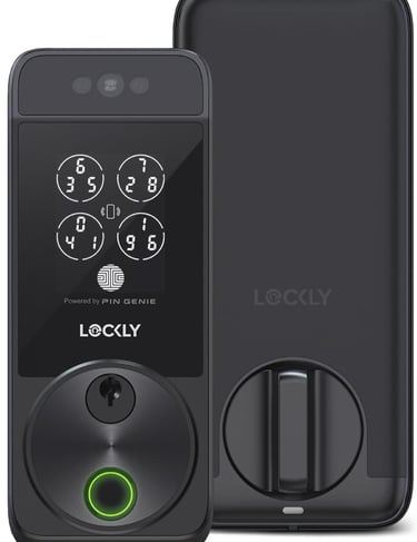 Lockly Visage smart lock featuring a digital keypad, fingerprint scanner, and secure keyhole.