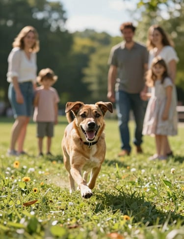 A cinematic action shot of a playful dog running toward a family in a North American park, sun-drenched and full of life.