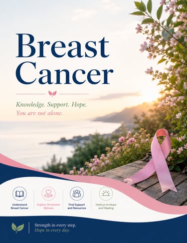 Breast cancer awareness poster with a pink ribbon overlooking a sunset coastline with treatment resources.