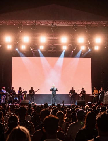 A wide shot of a live concert stage in Venezuela, soft coral stage lights, silhouettes of the crowd, authentic cultural energy.