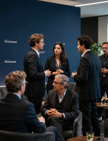 A high-end networking event at a film festival in North America. People are in professional attire, conversing in a moody, sophisticated lounge with deep blue and charcoal decor.