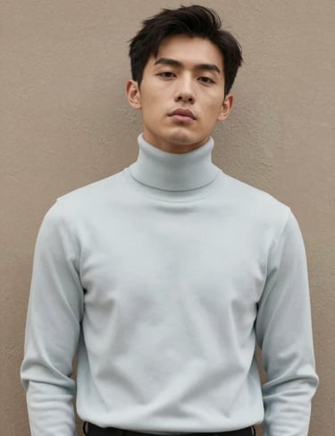 A stylish portrait of P.E.P YLS in a #F5F5EB high-fashion turtleneck against a textured #8D765D wall, looking confident and modern.