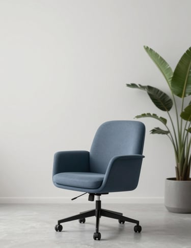 A minimalist studio scene with a single designer chair and a large plant, creating an inviting and professional mood. The palette uses #E0E1DD and #415A77 for a sophisticated look.