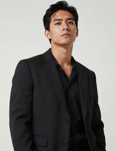 Cinematic low-angle shot of a man against a ghost white background, minimalist fashion, strong charisma, professional studio photography for a South American media kit.